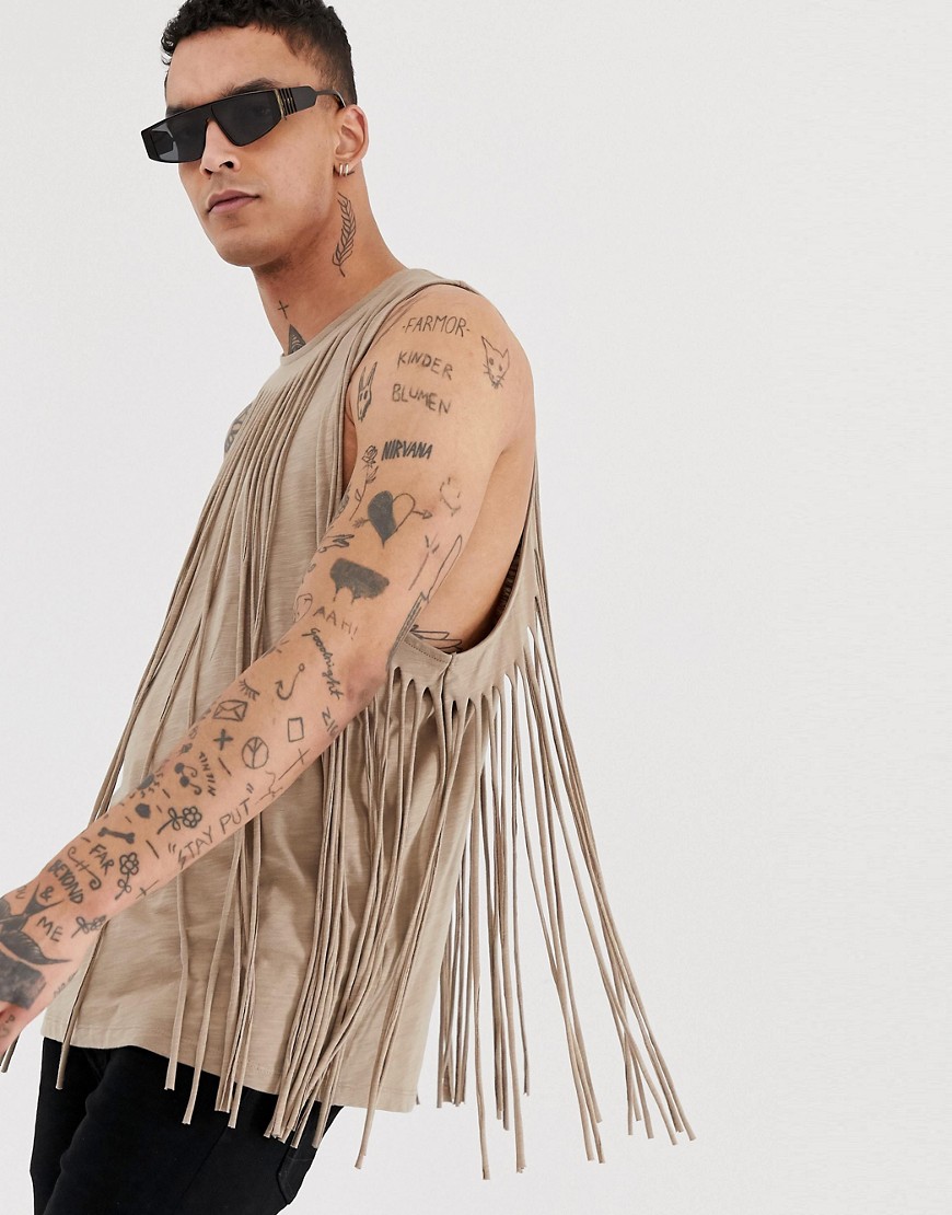 ASOS DESIGN festival relaxed vest with all round fringing in linen look fabric