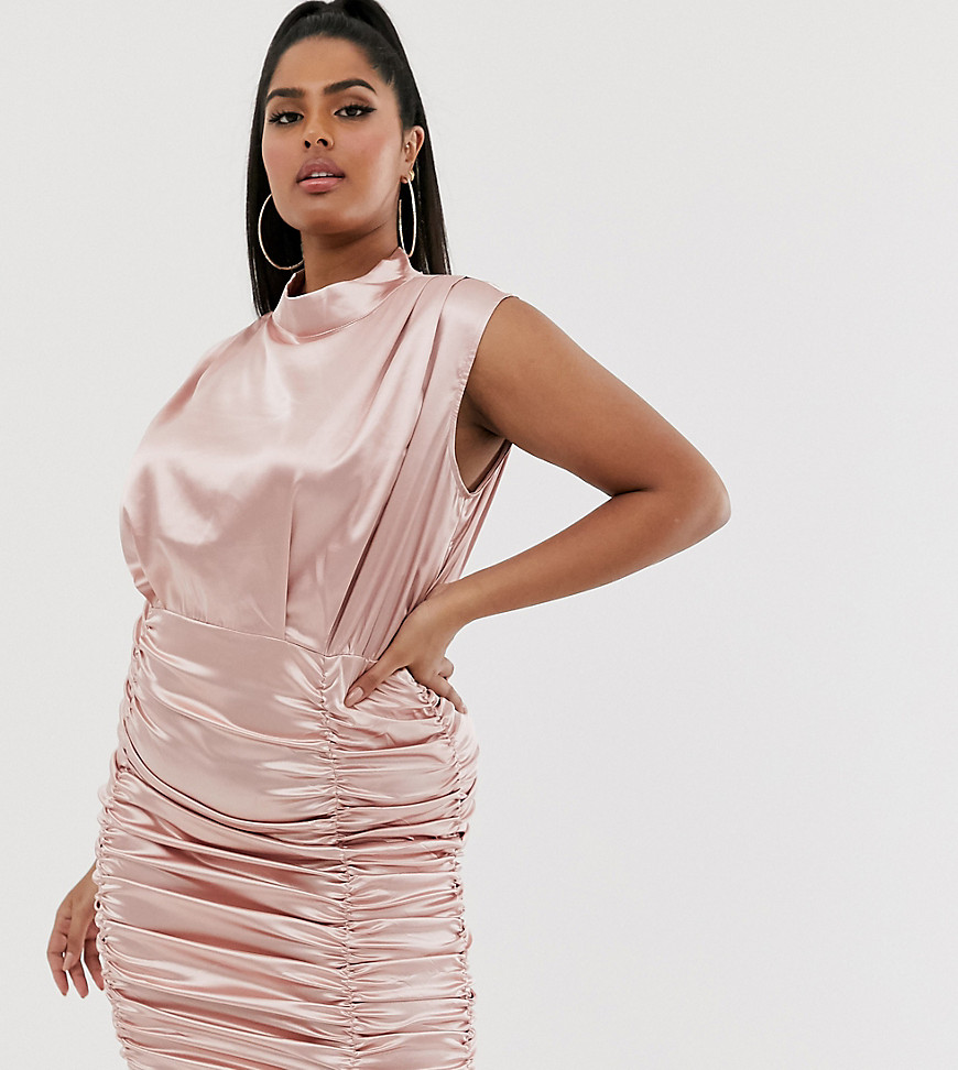 Katchme Plus satin ruched mini dress in pink champagne
