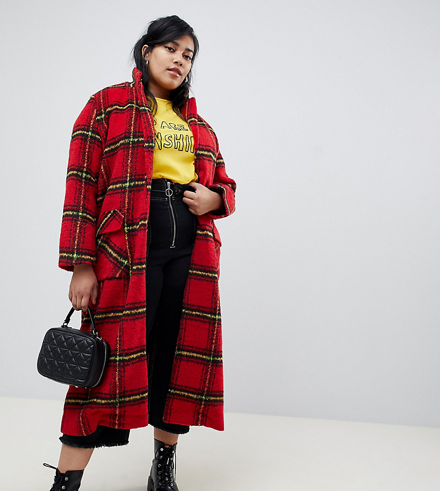 Glamorous Curve longline coat in bright check - Red check
