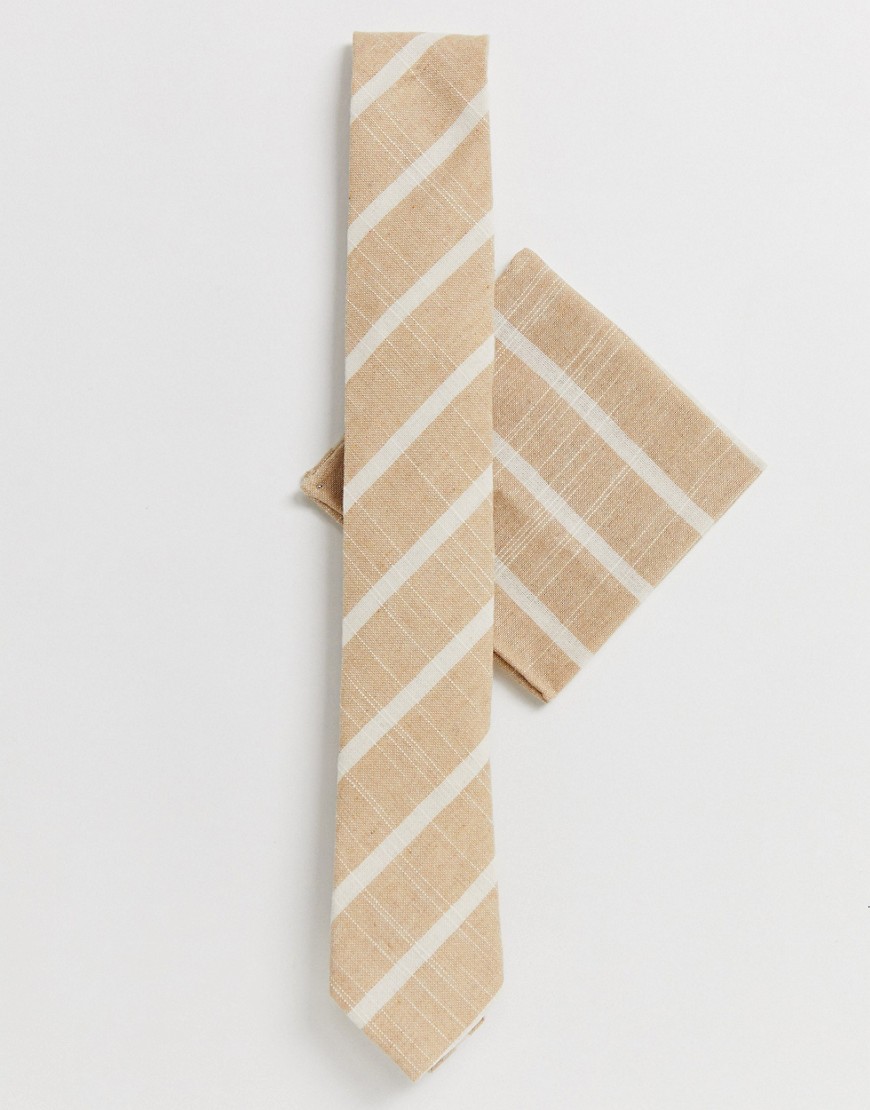 Twisted Tailor tie and pocket square set in cream stripe
