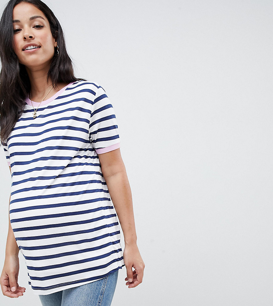 ASOS DESIGN Maternity nursing stripe t-shirt with contrast binding - Navy