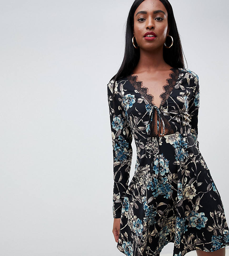 Missguided Tall lace trim skater dress in floral