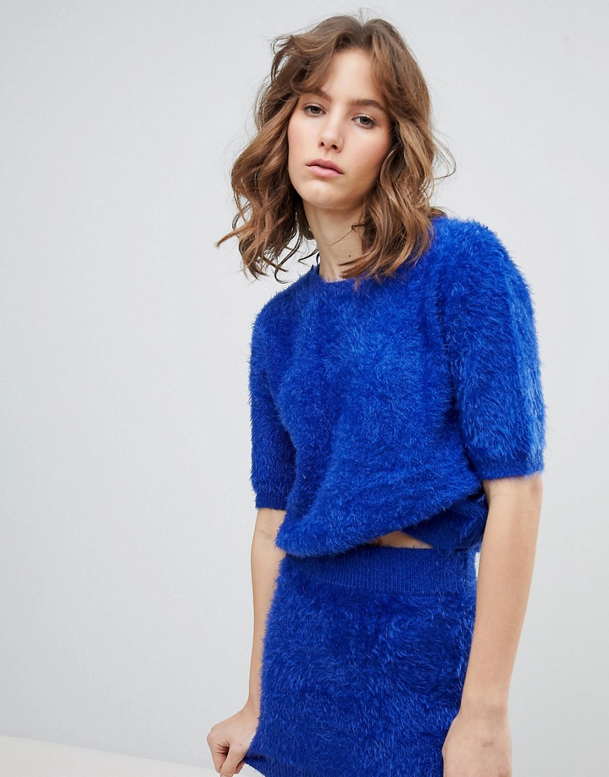 E.L.K Crop T-Shirt In Fluffy Knit Co-Ord - Electric blue