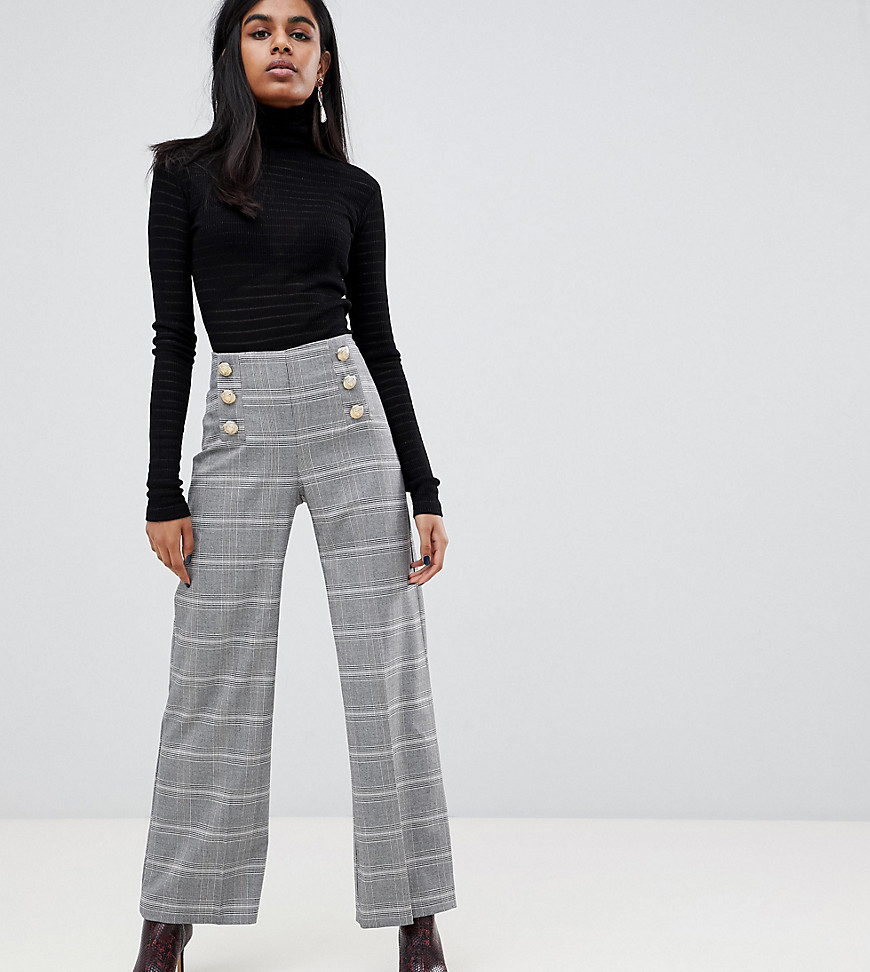 River Island Petite wide leg trousers with button front in grey check
