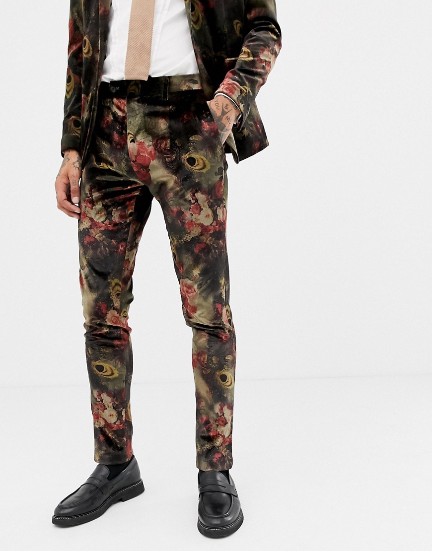 Devils Advocate Slim Fit Floral Velvet Suit Trousers