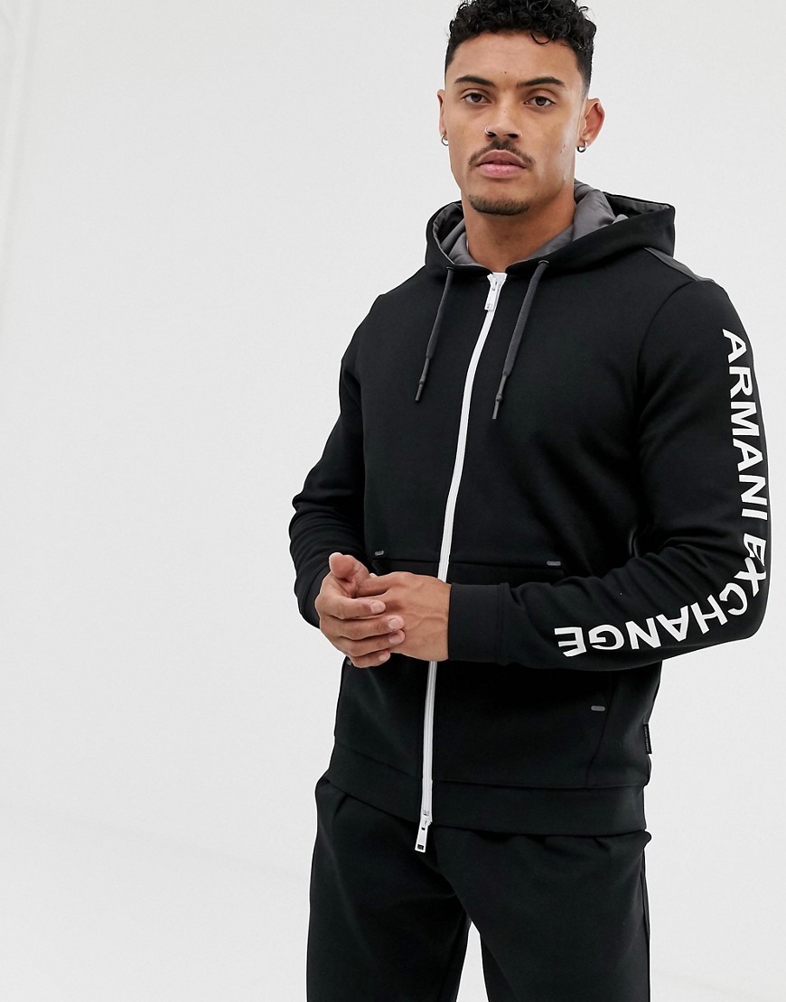 Armani Exchange sleeve logo hooded zip through sweat in black