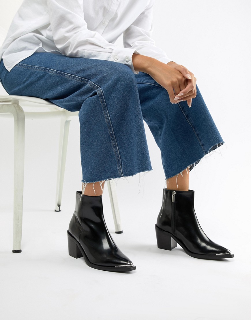 Asos Design Razer Leather Western Ankle Boot In Black