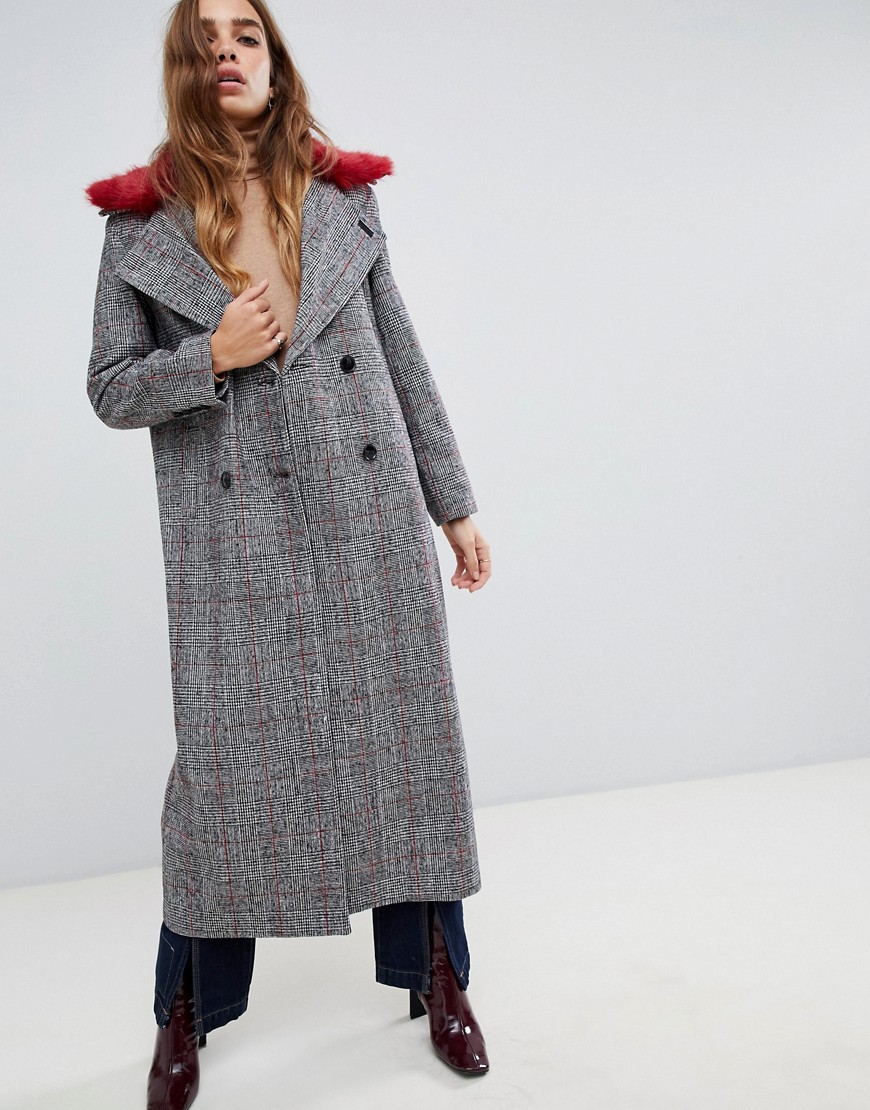 Neon Rose maxi coat in checked tweed with faux fur collar