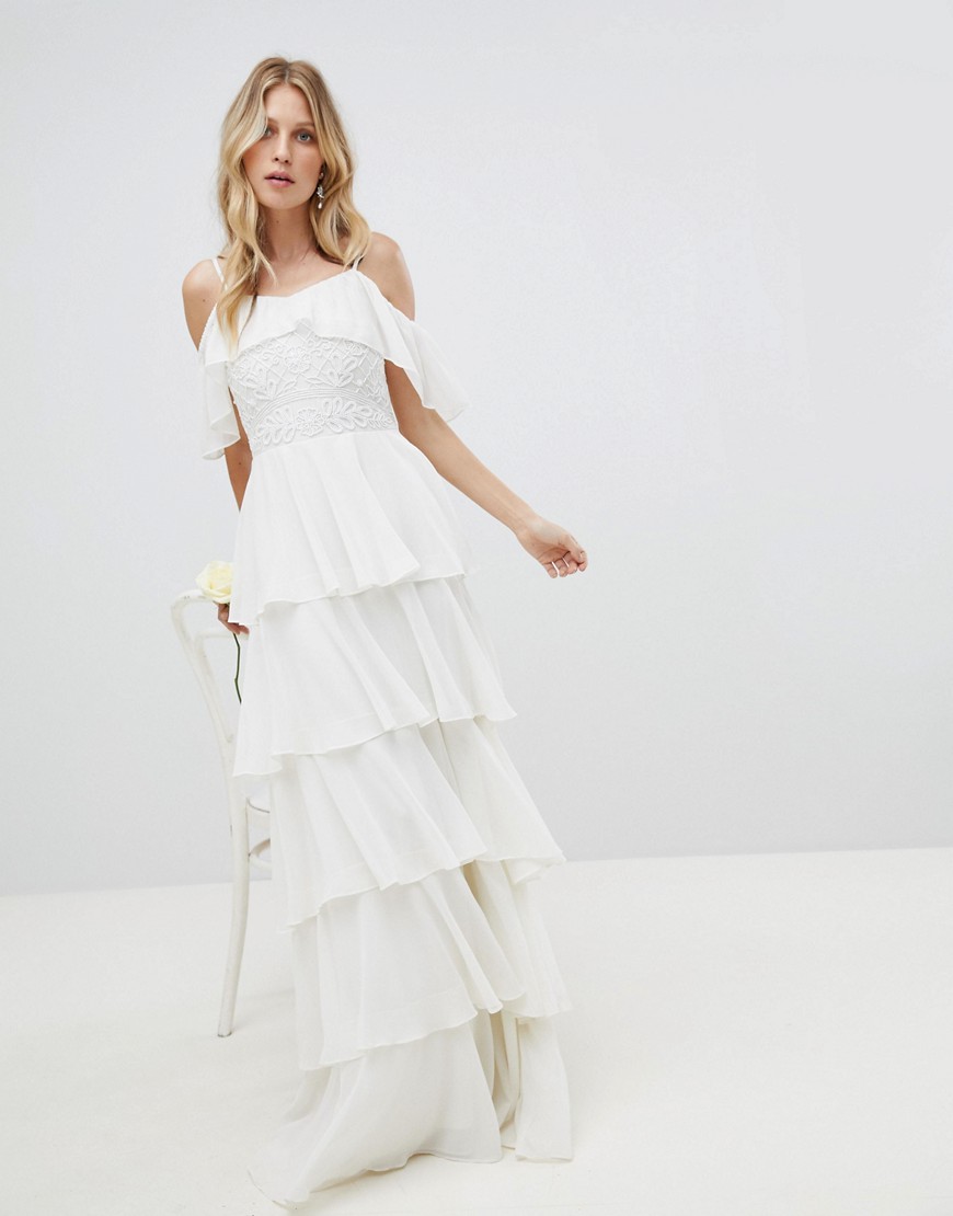 Amelia Rose Pleated Tiered Cold Shoulder Maxi Dress - Ivory