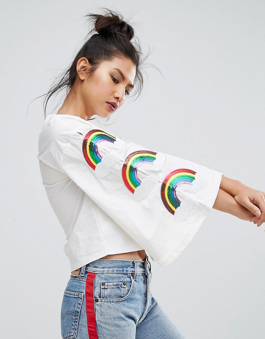 Ziztar Wide Sleeve Top With Triple Rainbows - White