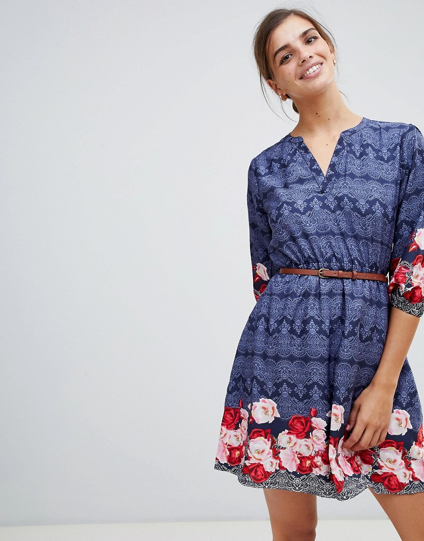 Yumi belted dress with 3/4 sleeves in rose border print
