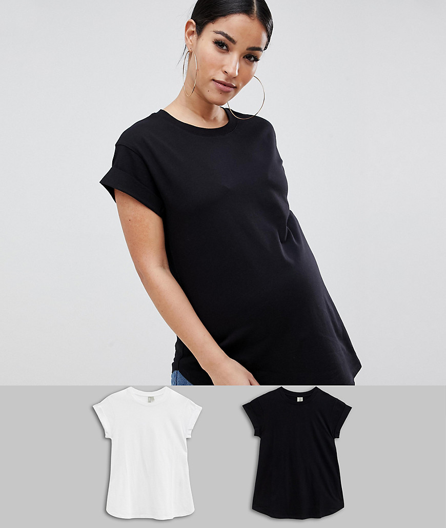 ASOS DESIGN Maternity t-shirt in boyfriend fit with rolled sleeve and curved hem in 2 pack SAVE