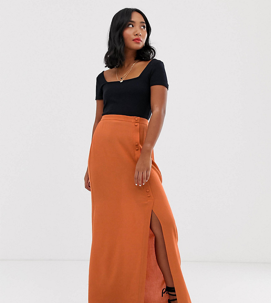 ASOS DESIGN Petite crinkle maxi skirt with self covered buttons