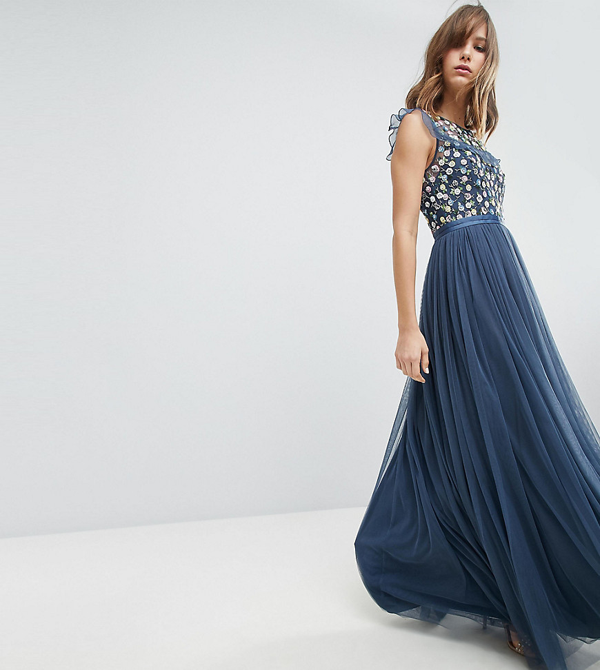 Needle & Thread Maxi Dress with Embroidery and Tulle Skirt - Washed indigo