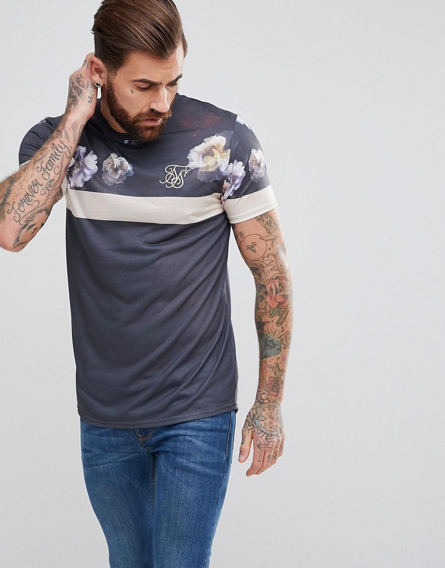 SikSilk Muscle T-Shirt In Grey With Floral Panel - Grey