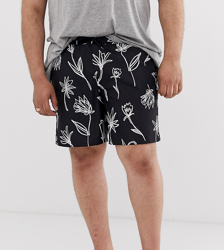 ASOS DESIGN Plus swim shorts in black with hand drawn floral print