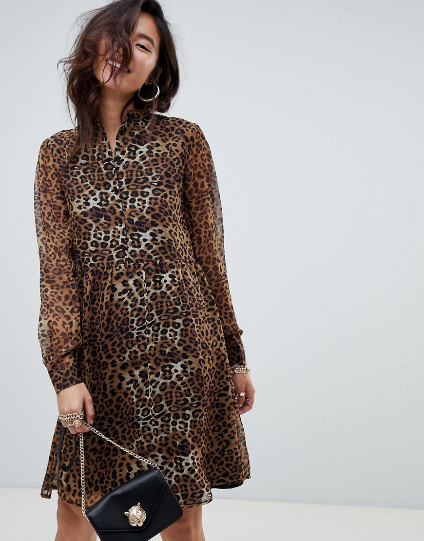 Na-kd high neck leopard print mini shirt dress in brown