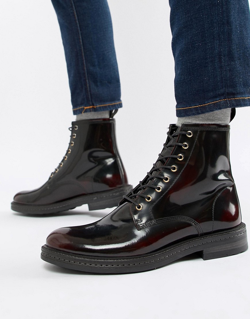 WALK London Wolf lace up boots in high shine burgundy