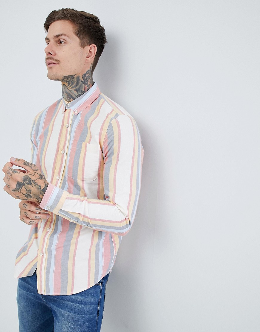 Pull&Bear Oxford Shirt In Multi Stripe - White