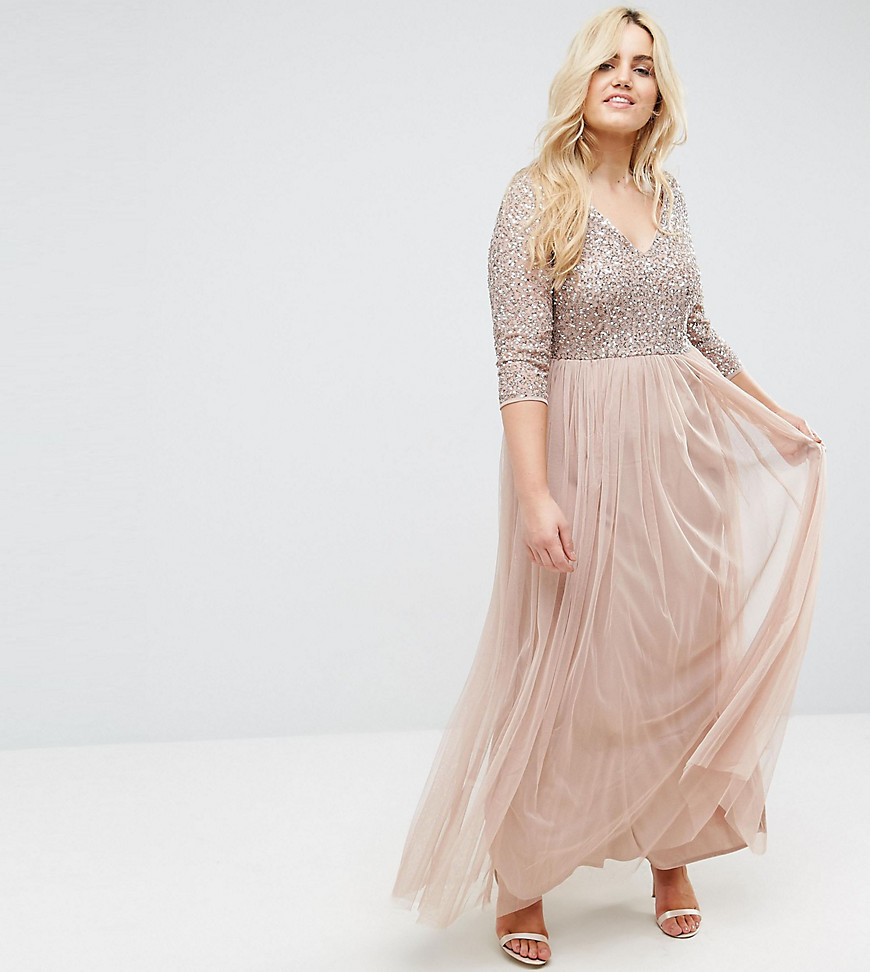 Maya Plus 3/4 Sleeve V Neck Maxi Dress With Delicate Sequin And Tulle Skirt - Mink