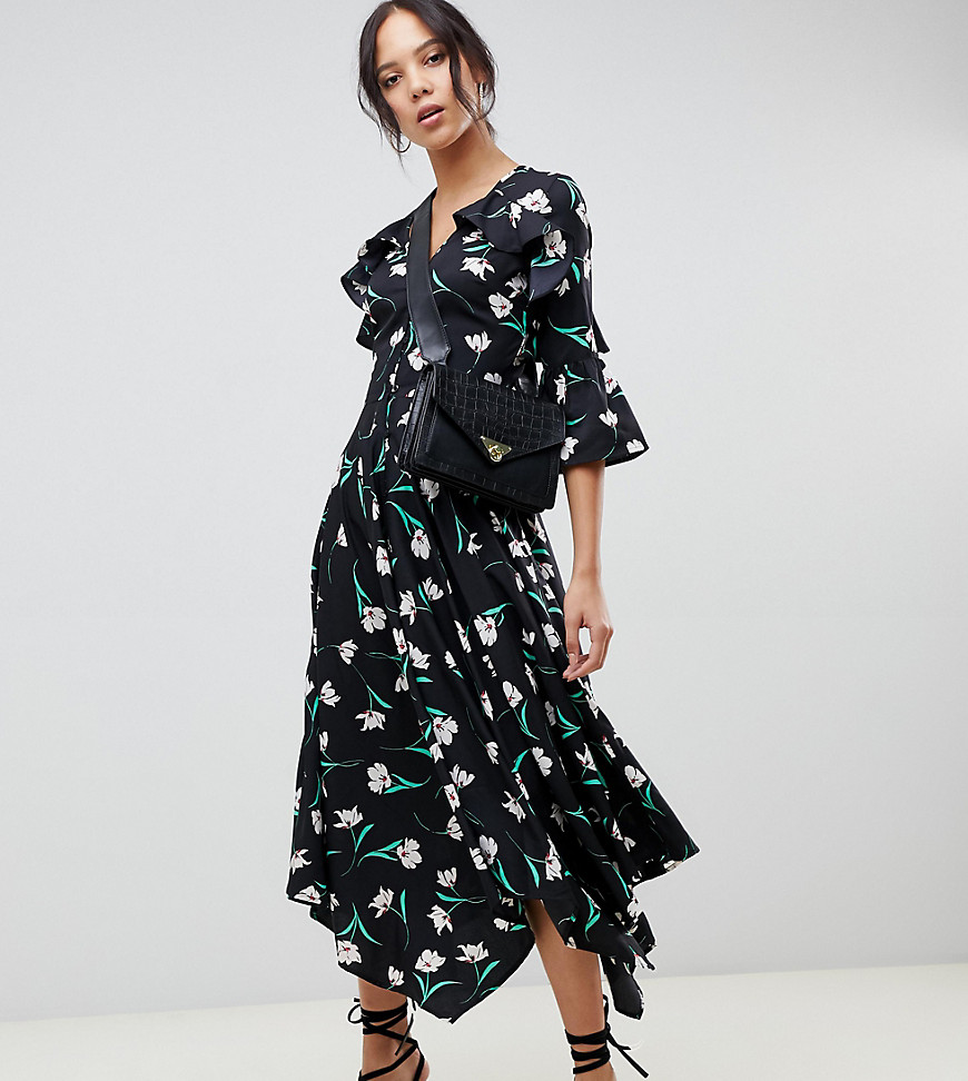Influence Tall asymmetric floral midi tea dress with open back detail