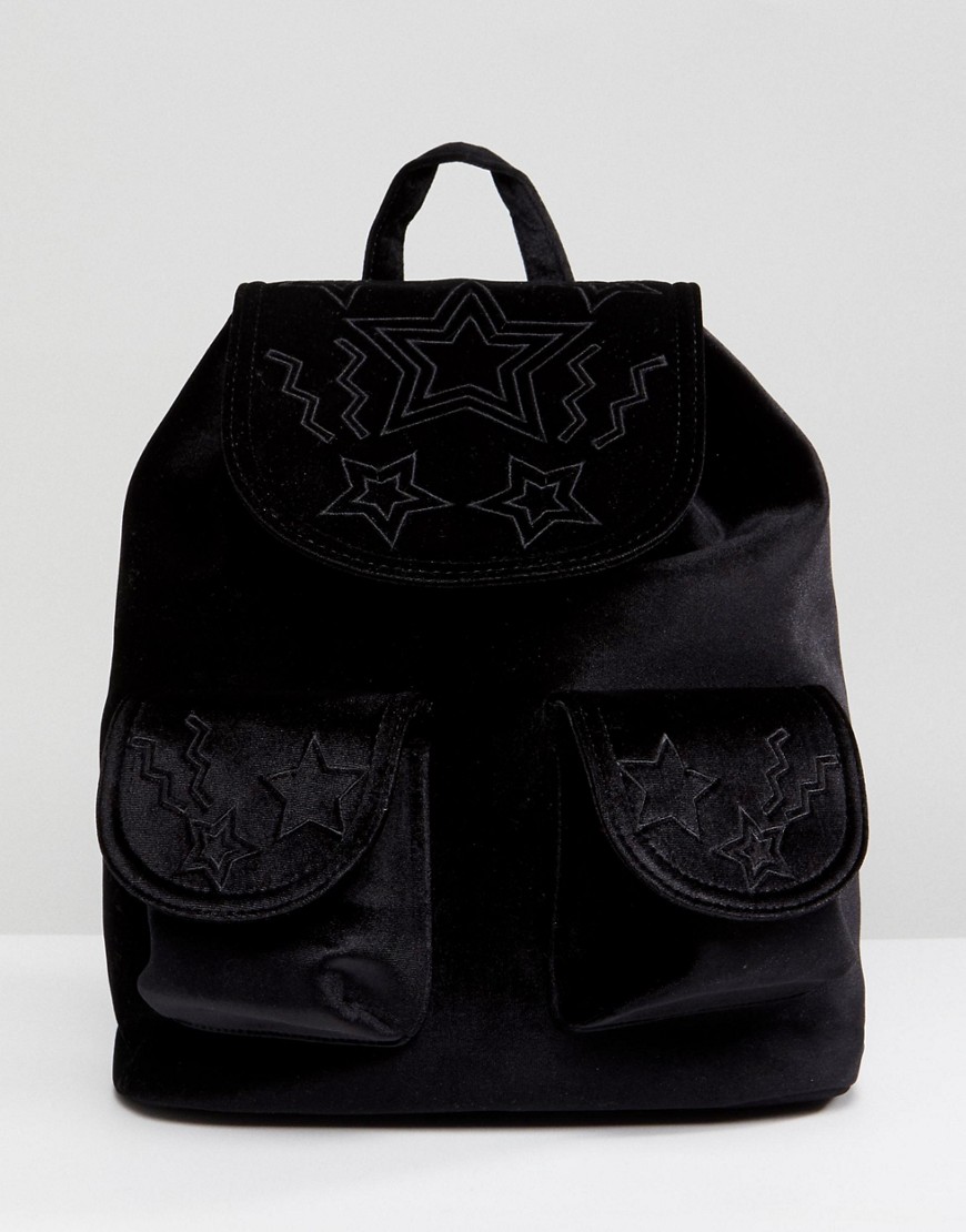 Skinnydip Star Embossed Pocket Velvet Backpack - Black