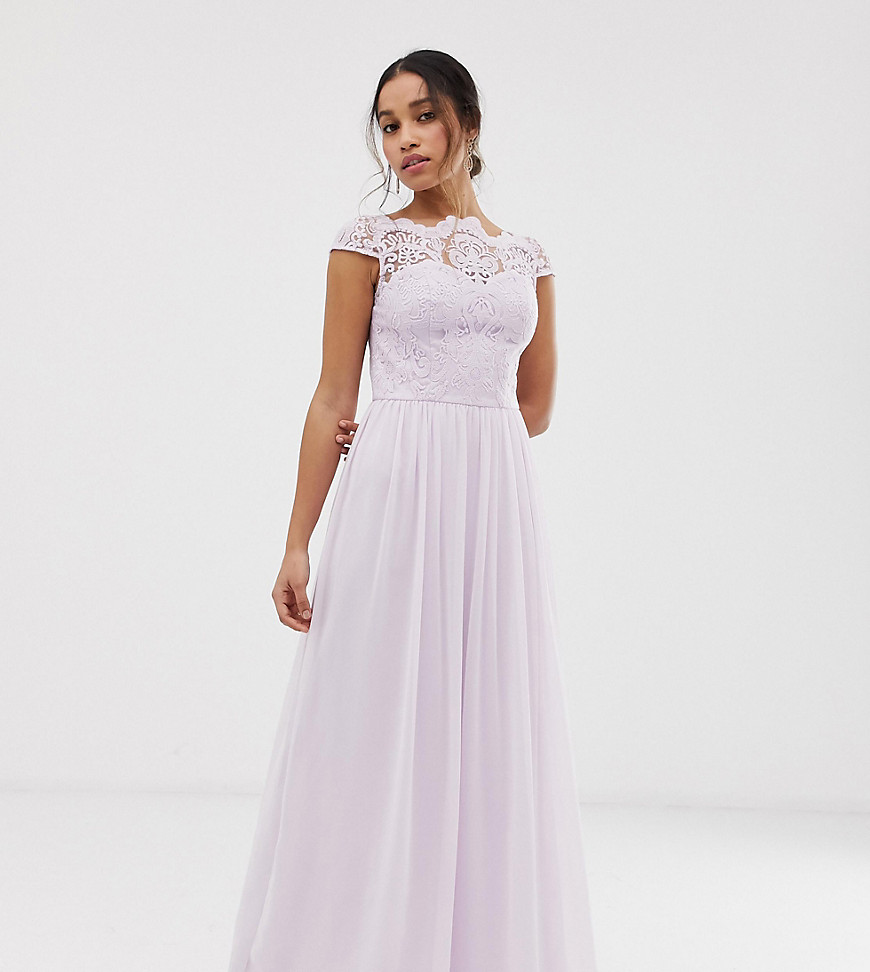 Chi Chi London Petite lace maxi dress with cap sleeve in lilac