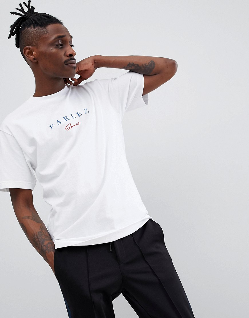 Parlez t-shirt with embroidered sport script chest logo in white - White