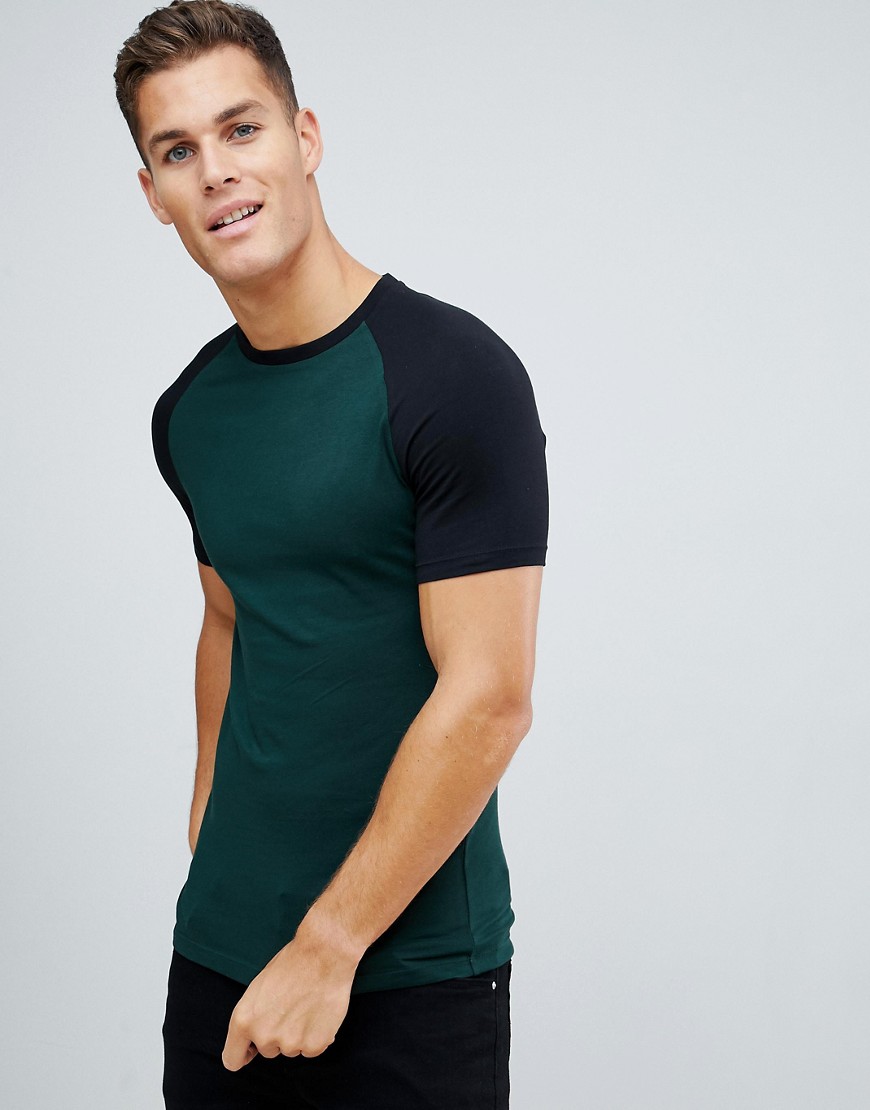 ASOS DESIGN muscle fit crew neck t-shirt and contrast raglan in green
