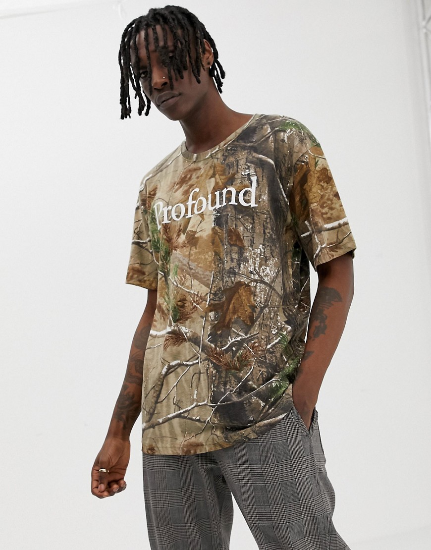 Profound Aesthetic Forest Camo Print T-Shirt with Chest Logo in Brown