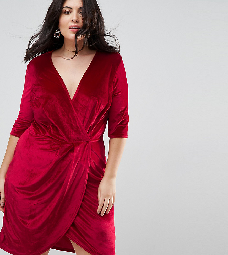 Club L Plus Velour Wrap Front Dress - Bright red