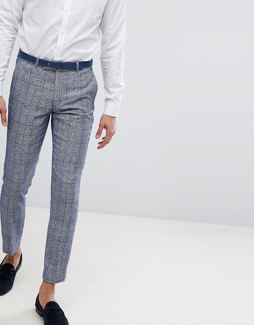 Moss London Wedding Skinny Suit Trousers In Blue Fleck Check