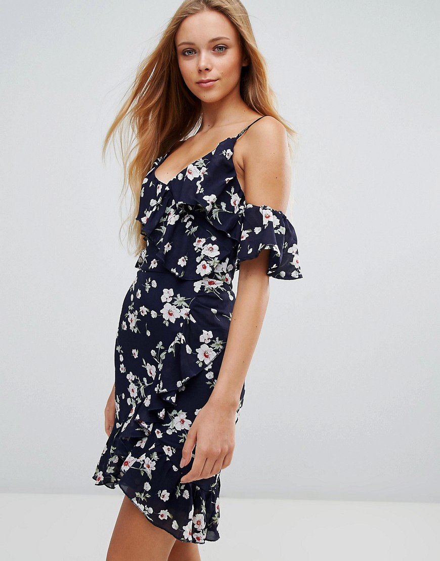 Parisian Cold Shoulder Floral Dress With Ruffles - Navy