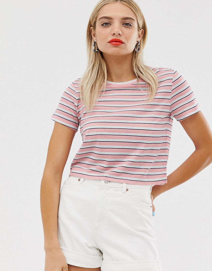 Monki cropped t-shirt in pink and white stripe