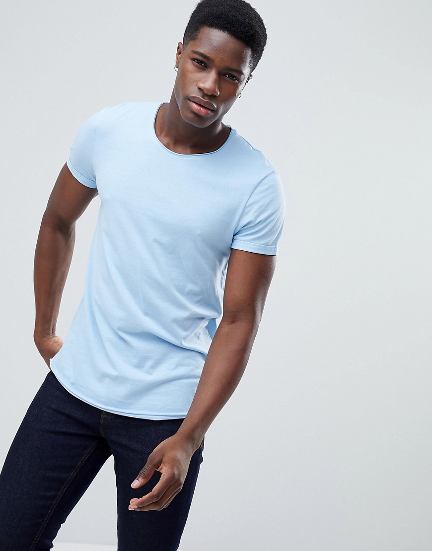 Esprit Longline T-Shirt with Raw Curved Hem In Blue - Blue