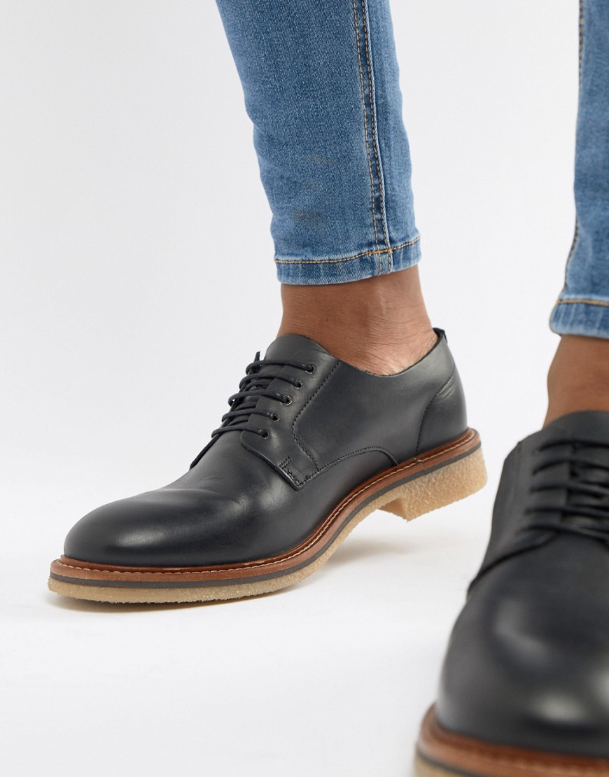 Asos Design Lace Up Shoes In Black Leather With Natural Sole - Black