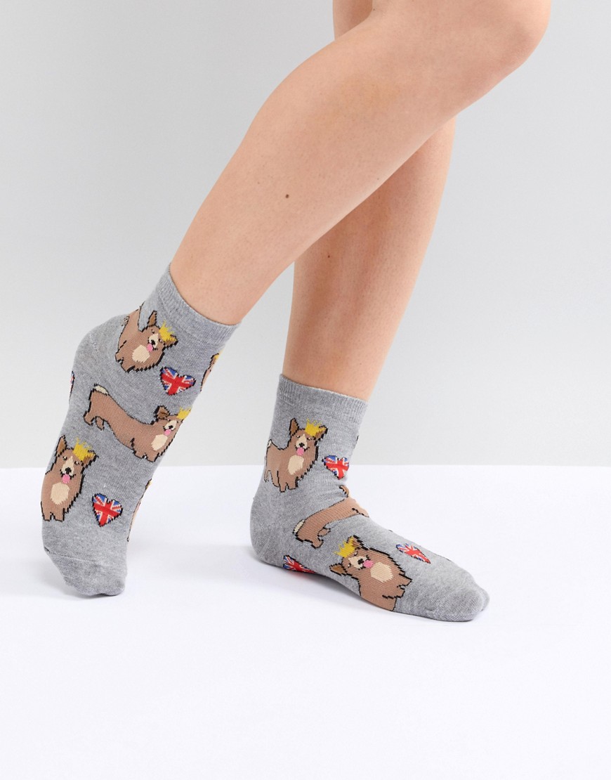 ASOS DESIGN corgi and heart sock - Grey
