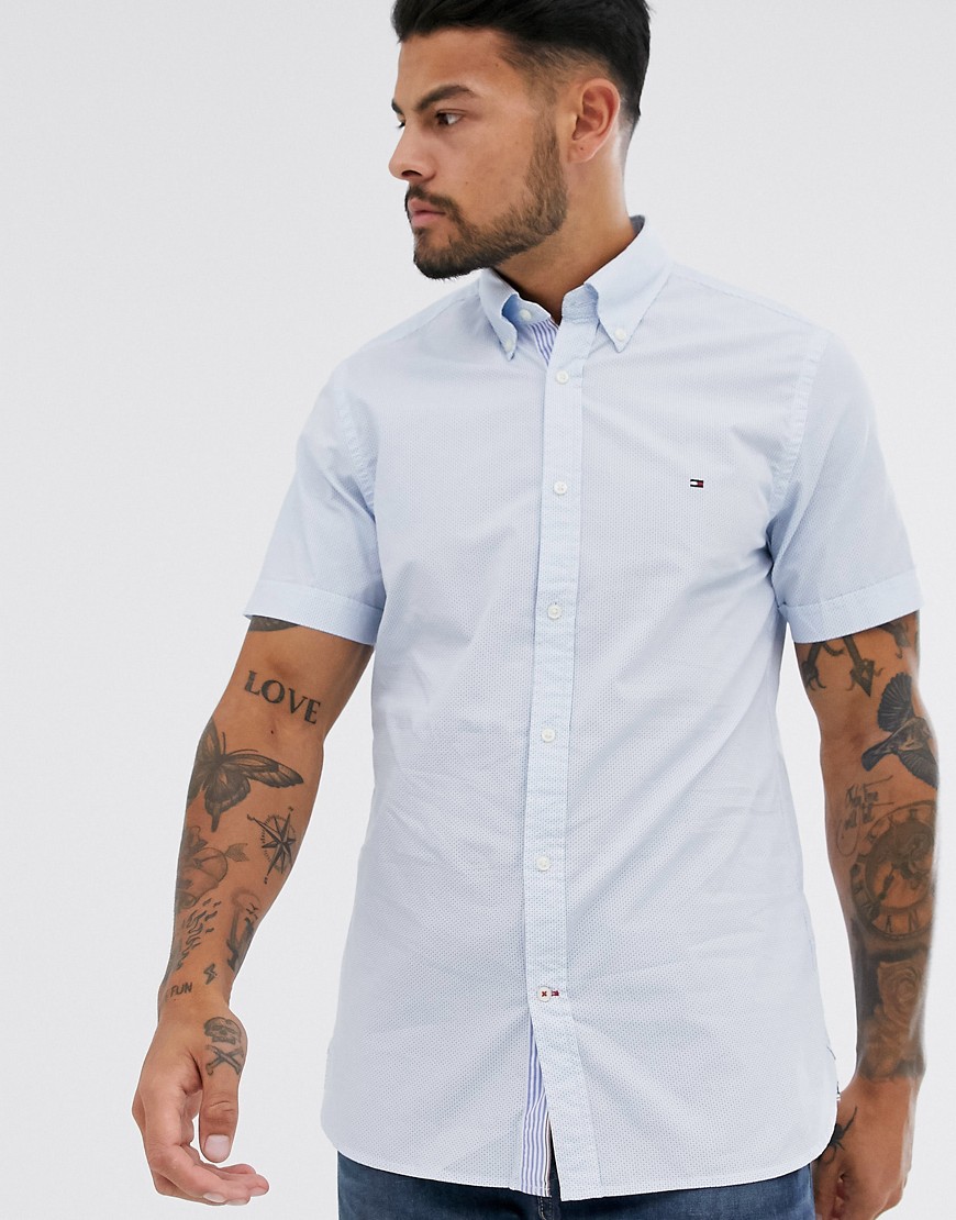 Tommy Hilfiger icon logo short sleeve buttondown mini print slim fit shirt in blue