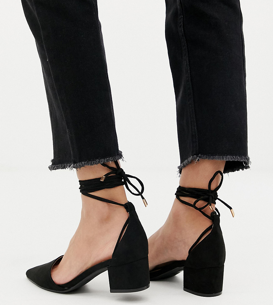 RAID Wide Fit Lucky Black Ankle Tie Mid block Heeled Shoes