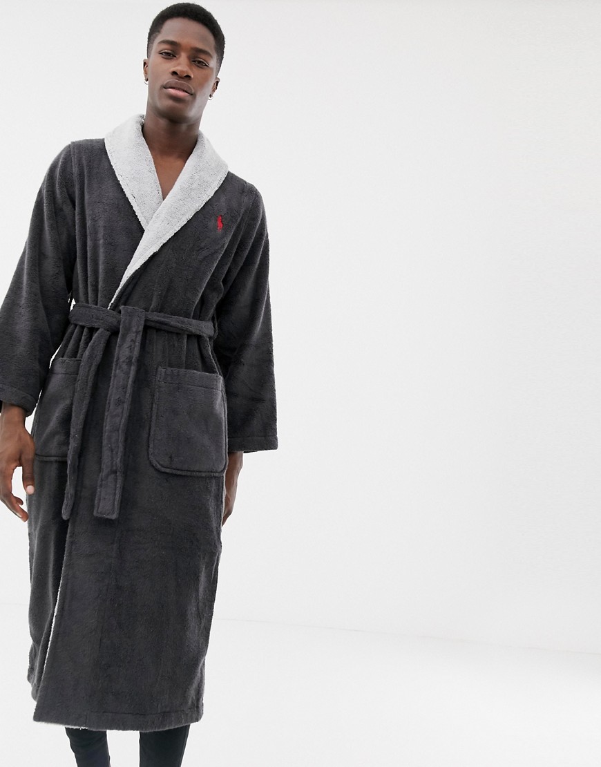 Polo Ralph Lauren terry shawl robe contrast collar and large player back logo in charcoal marl