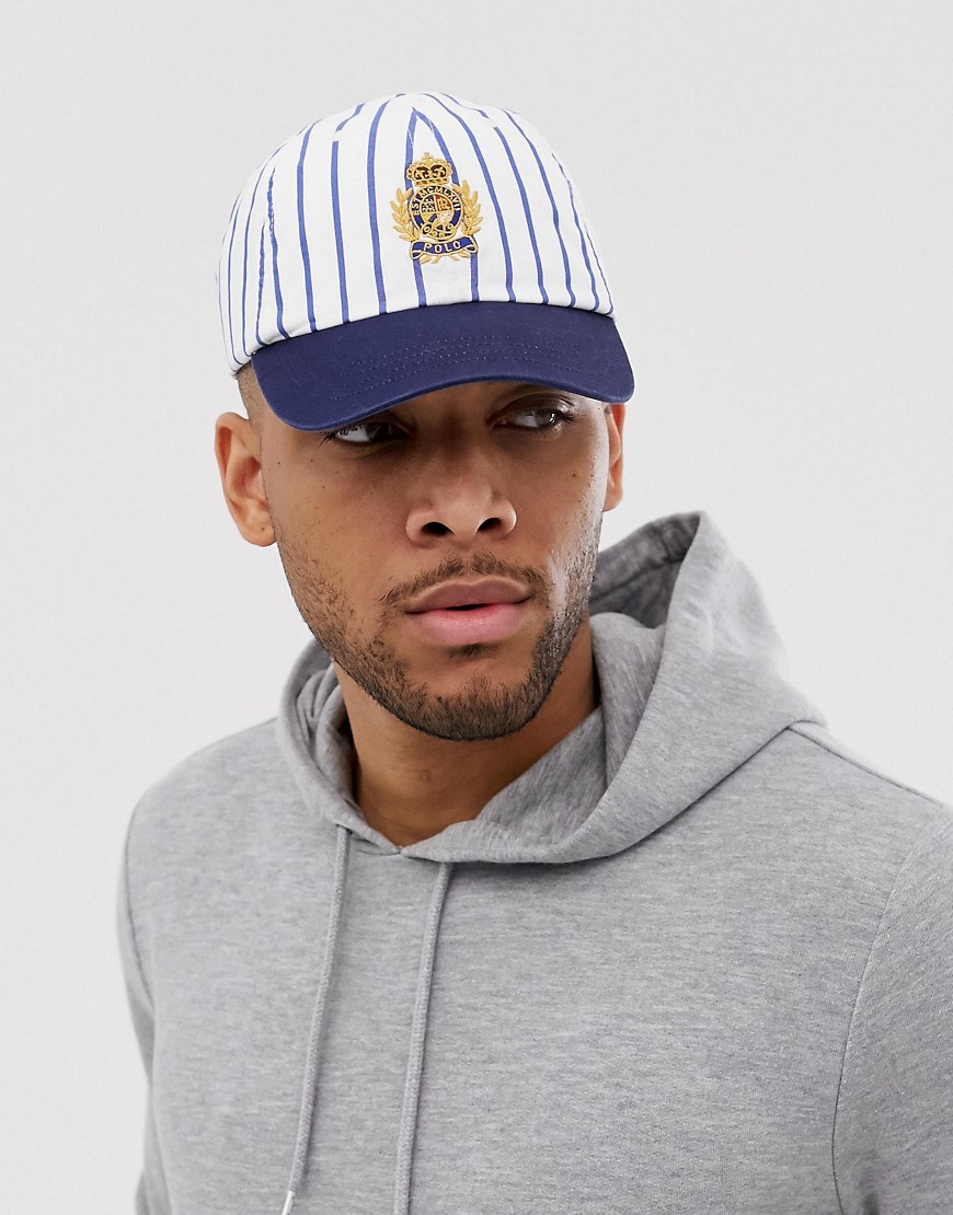 Polo Ralph Lauren baseball cap with navy peak and embroidered crest in white/navy stripe