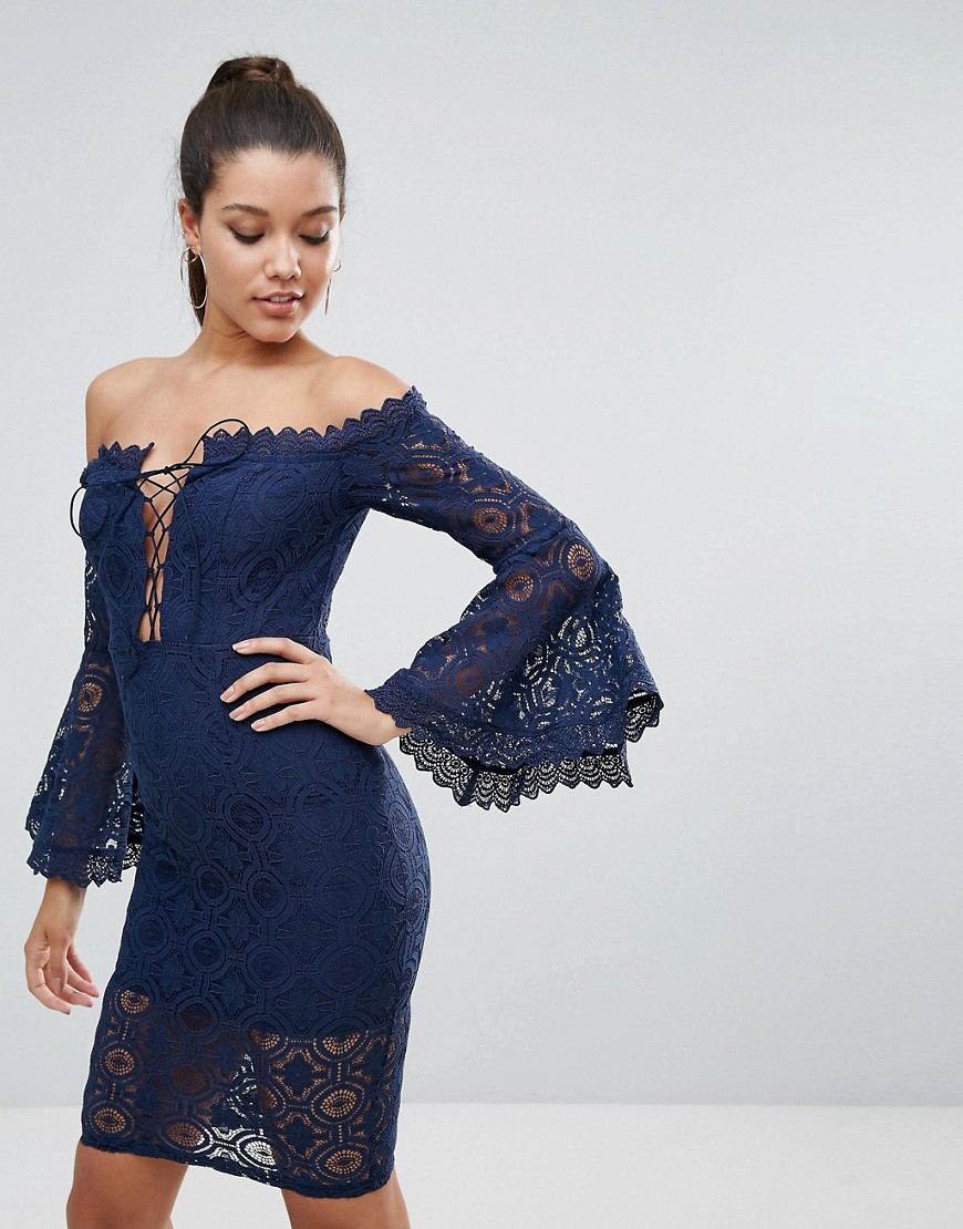 Love Triangle Allover Lace Off Shoulder Pencil Dress With Lace Up Detail