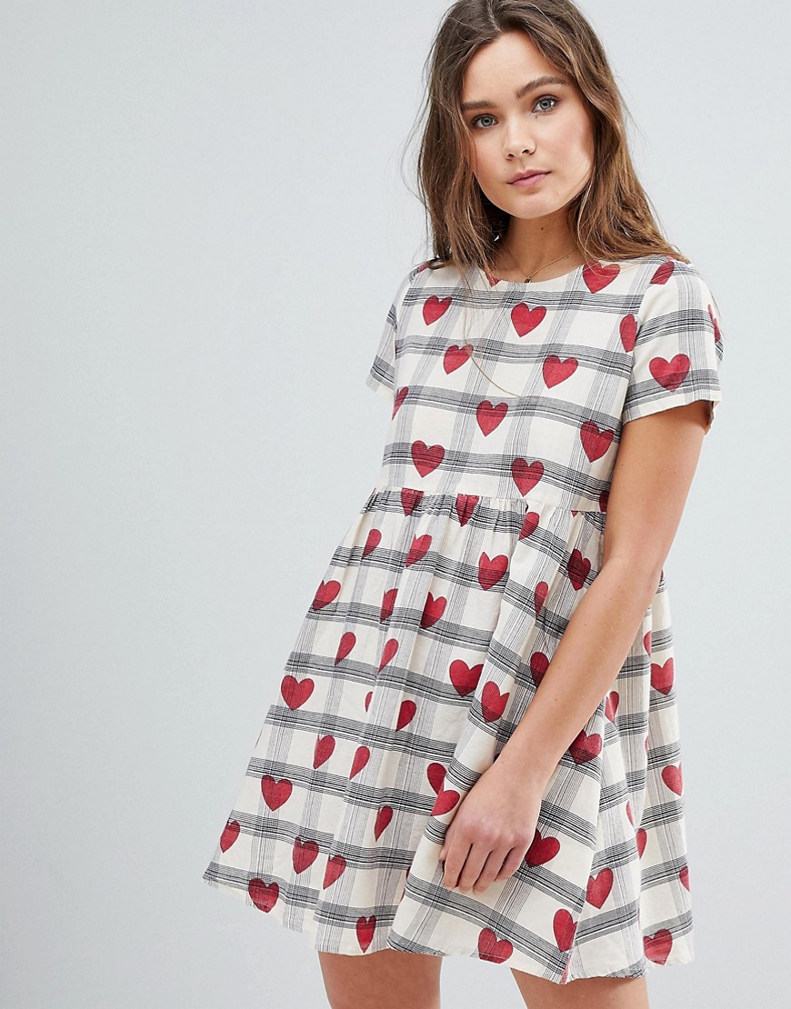 Glamorous Smock Dress With Check Heart Print - Blue hearts