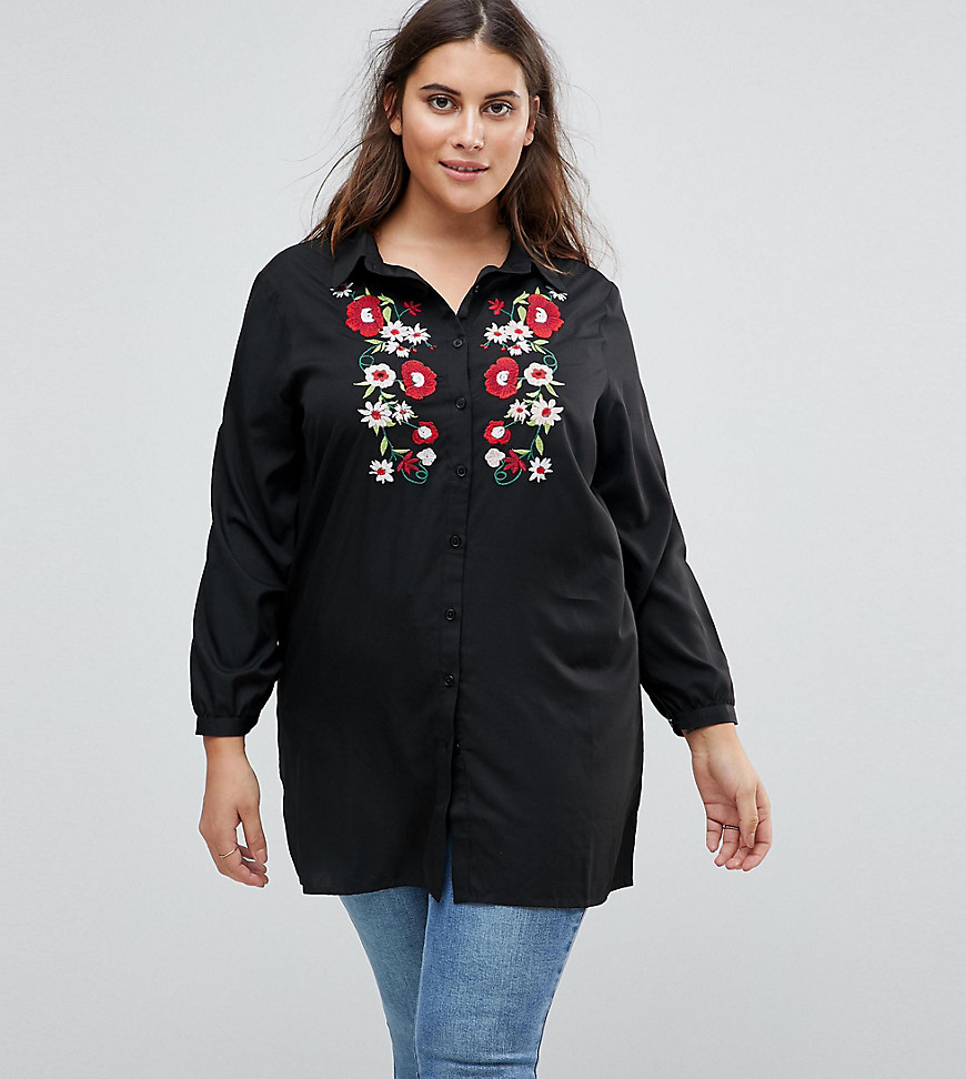 Rage Plus Longline Blouse With Embroidery - Black