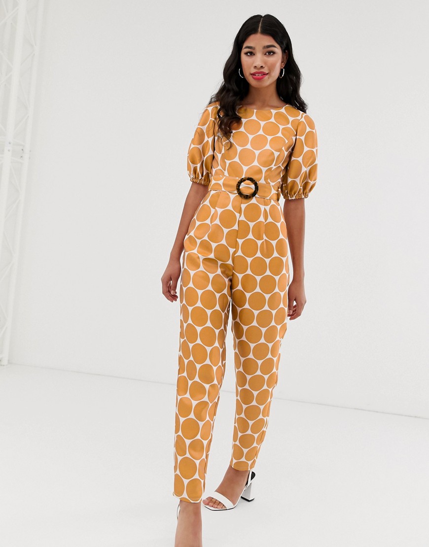 ASOS DESIGN puff sleeve buckle belted jumpsuit in jacquard spot print