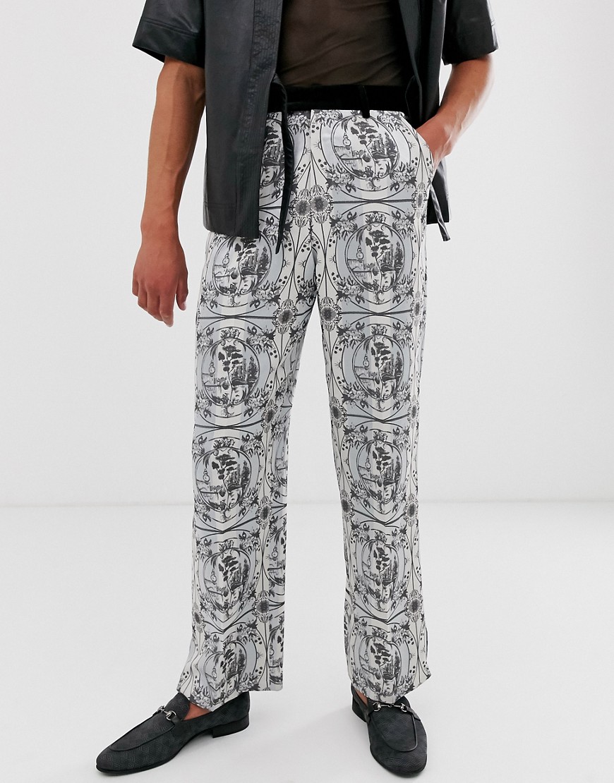 ASOS EDITION wide leg suit trousers with all over monochrome print and velvet detail