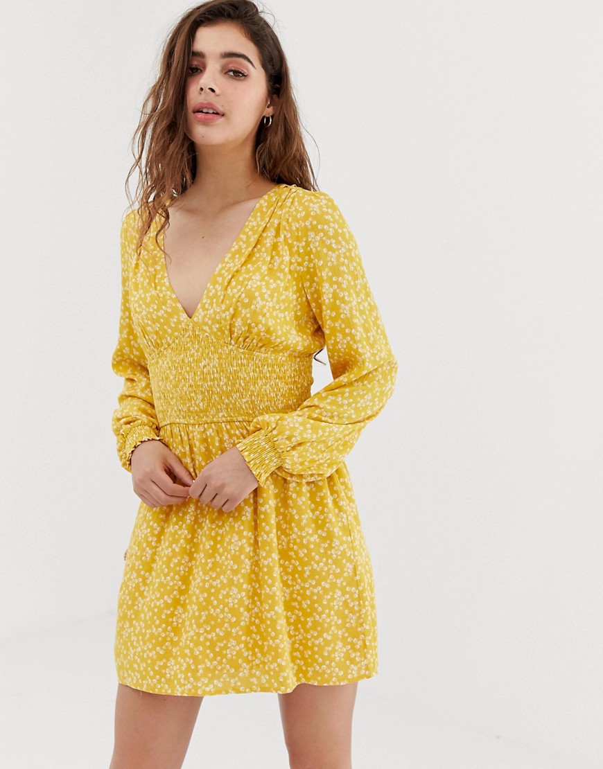 Wild Honey long sleeve tea dress with shirring in floral