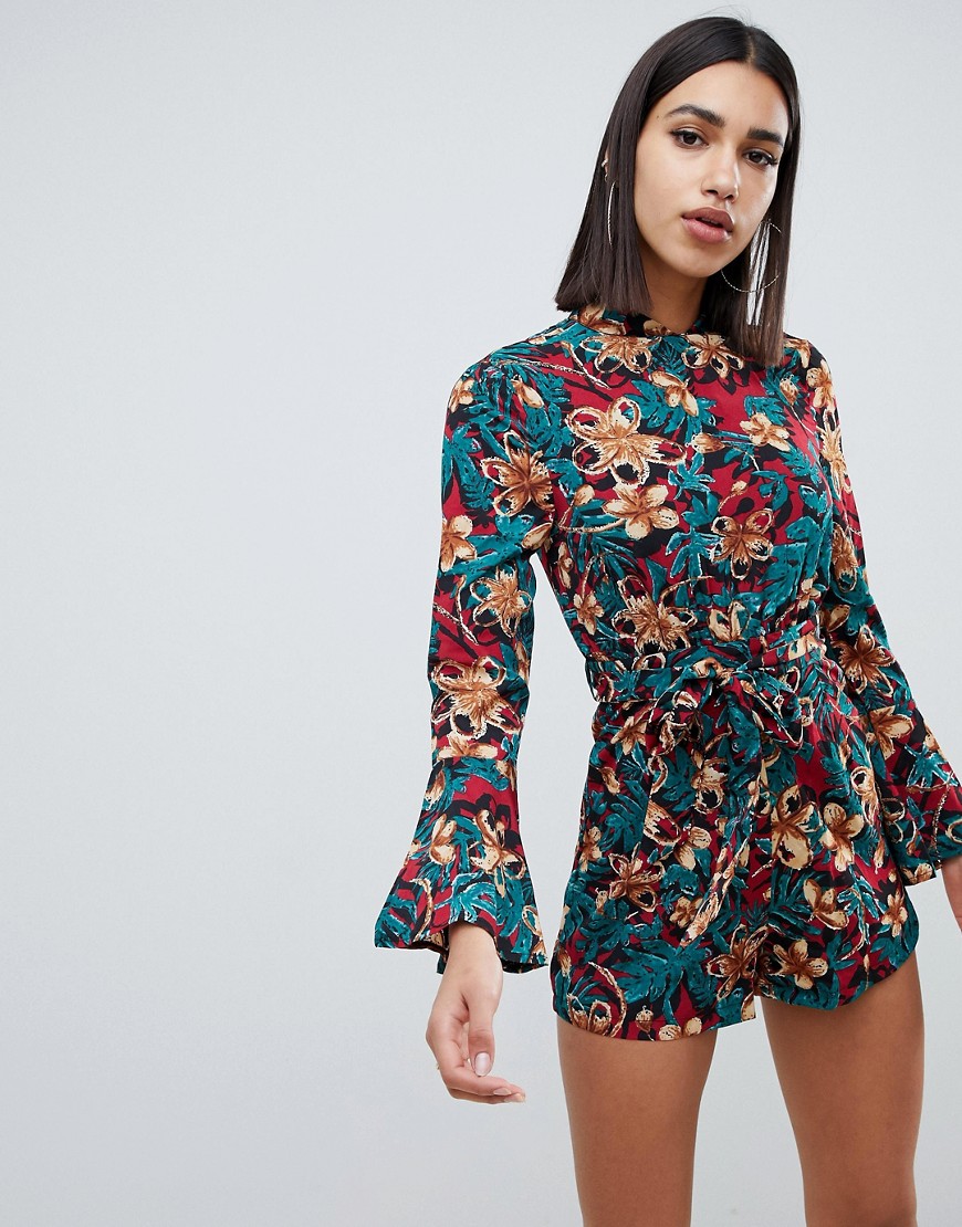 Girl In Mind bell sleeve ditsy floral print playsuit