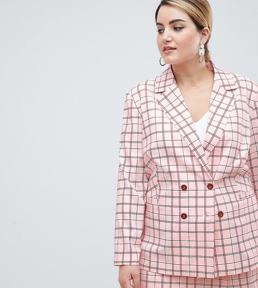 UNIQUE21 hero plus longline double breasted blazer in pink check co-ord