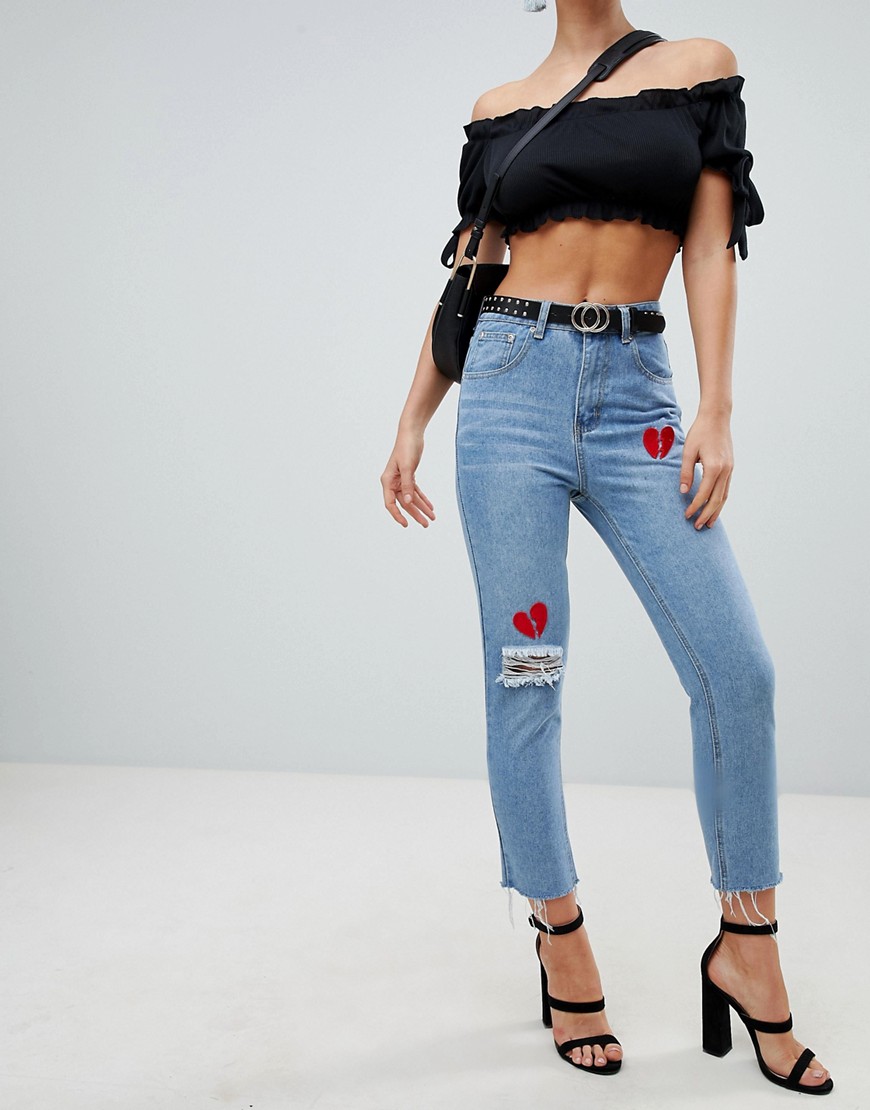 PrettyLittleThing heart detail straight leg jeans in mid wash